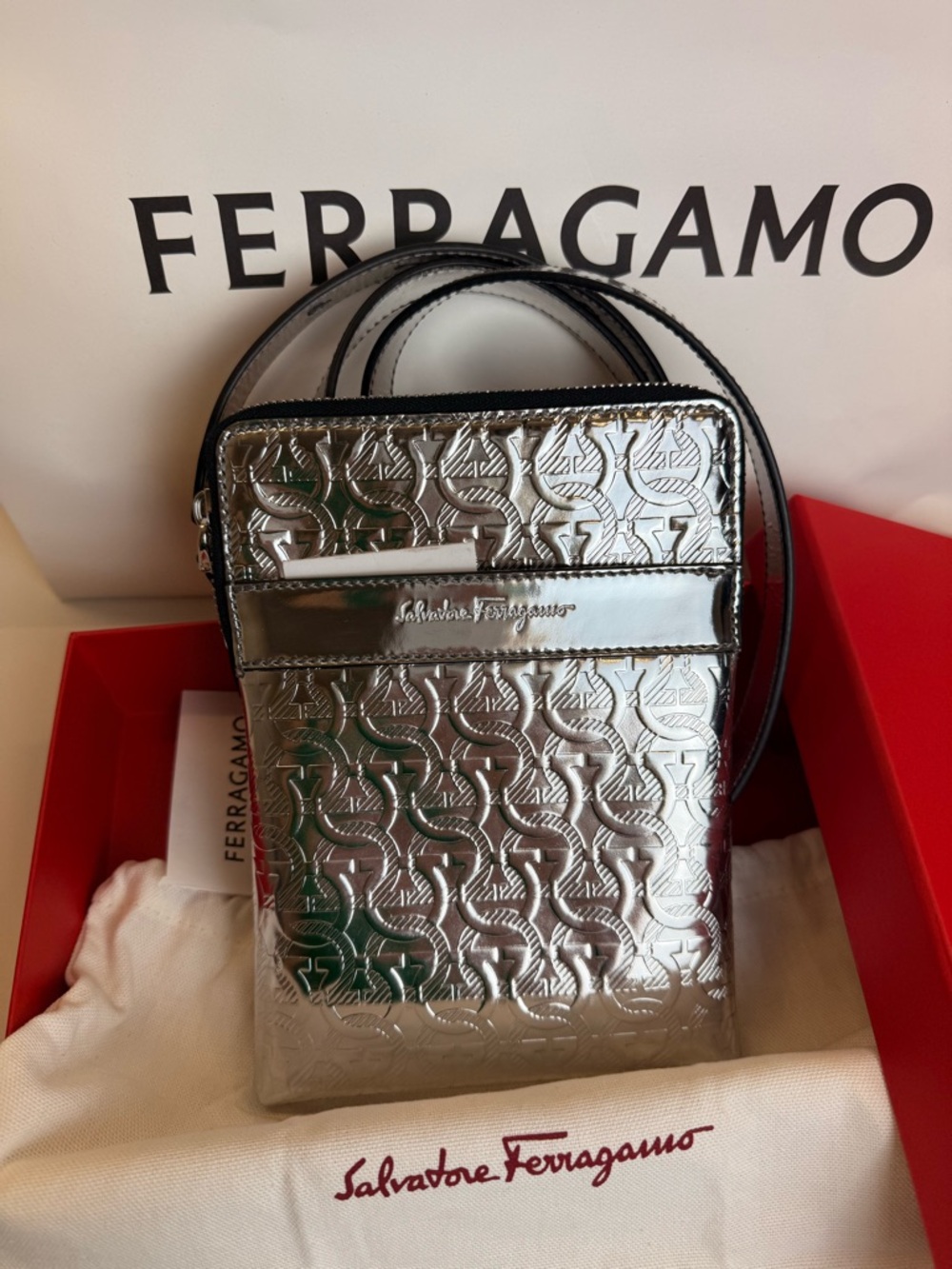 Salvatore Ferragamo Gancini Crossbody Bag Silver Embossed Leather Zip Italy